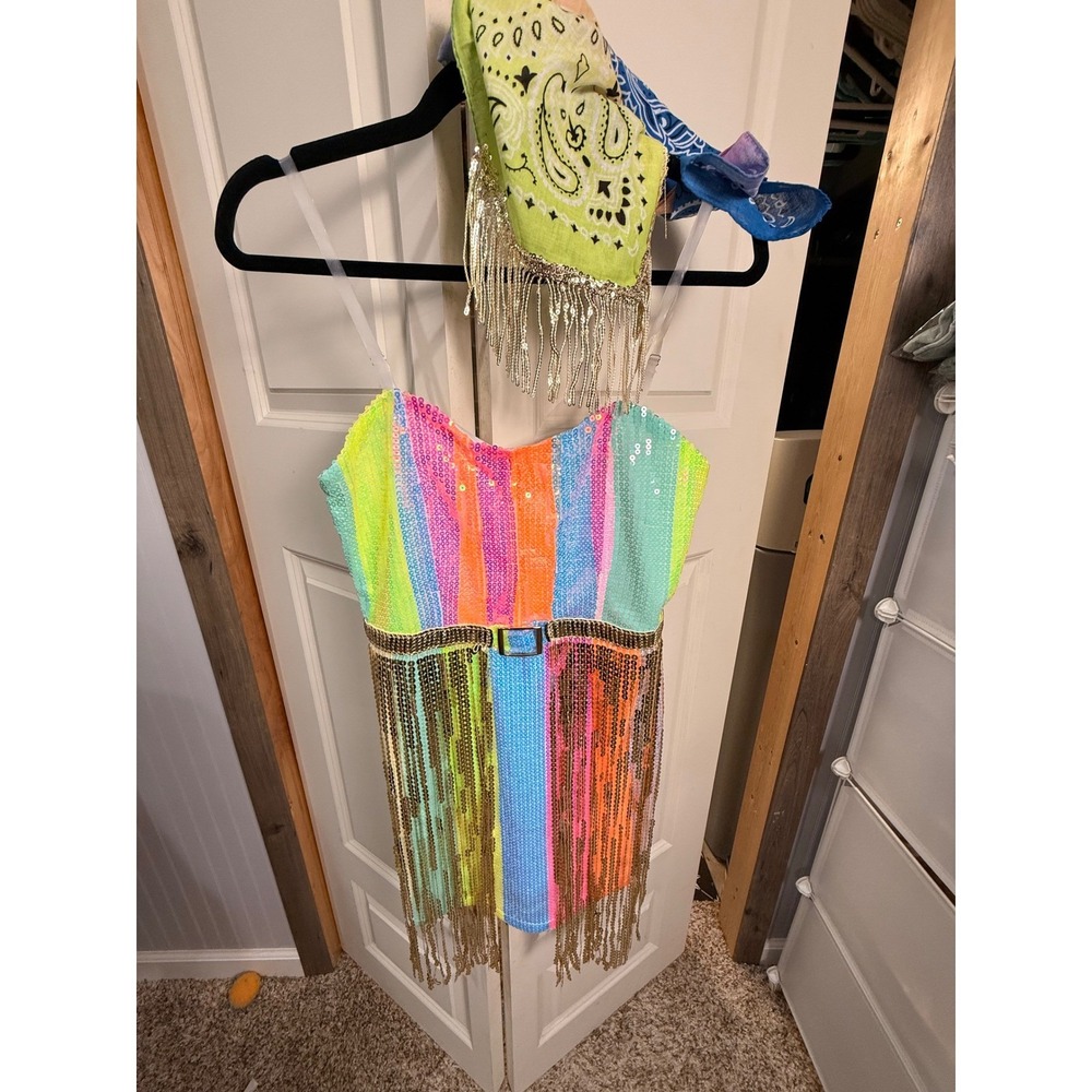 Blue B Collection Neon Sequin Fringe Dress Bandana Festival Western Costume M